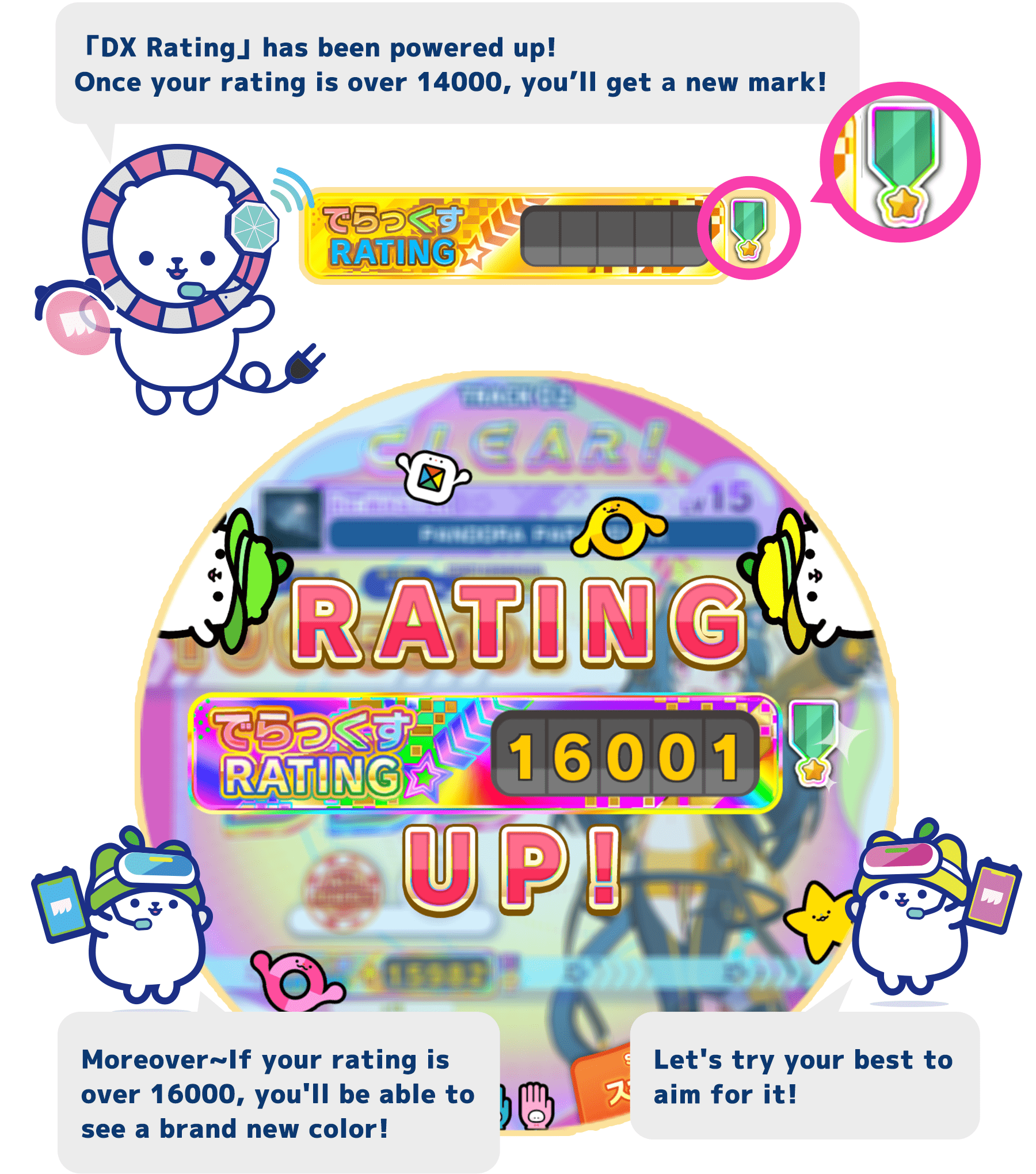 "DX Rating" has been powered up!
          Once your rating is over 14000, you'll get a new mark!
          Moreover~If your rating is over 16000, you'll be able to see a brand new color!
          Let's try your best to aim for it!